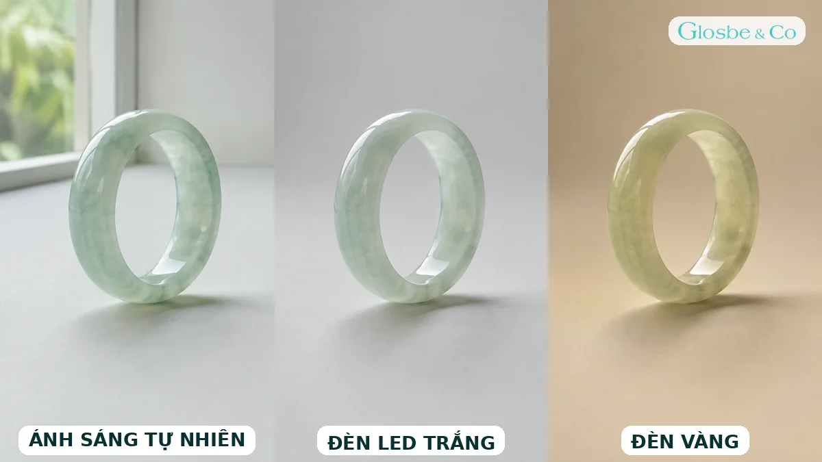 Ngọc băng chủng dưới ánh sáng tự nhiên đèn LED và đèn vàng